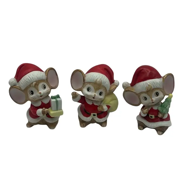 Set Of 3 Vintage Homco Christmas Mice Figurines, 4” Tall