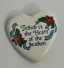Vintage HOL Ceramic Heart 'Jesus is the Heart of the Season' Brooch Pin 1994