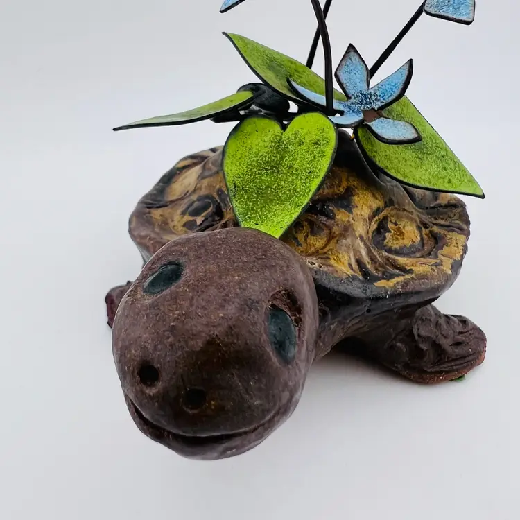 Cutie Pie Pottery Turtle With Enameled Metal Flowers On Back 4.5”x 6.5” READ