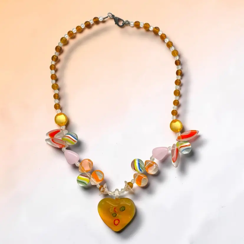 Glass Heart Beaded Pendant Necklace