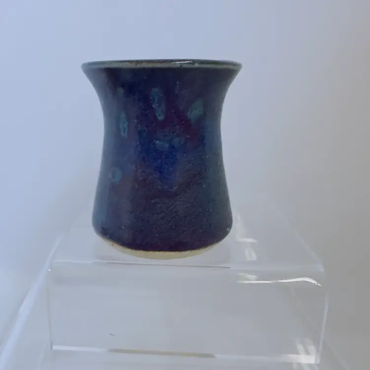 #1947 Art Pottery Creamer Jug Unsigned Pinched Pour Spout Splotchy Painted In Purples And Blues Miniature