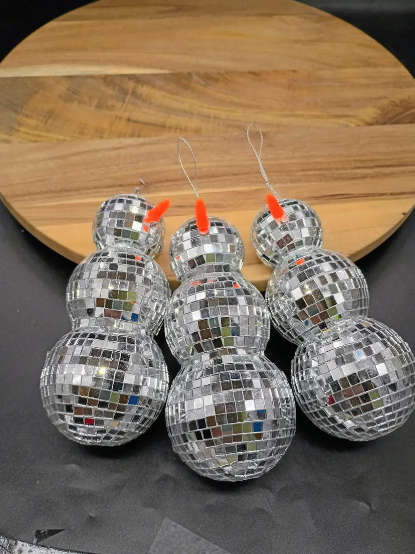 Set of 3 Mirror Disco Ball Snowmen Ornaments Vintage Made in Taiwan