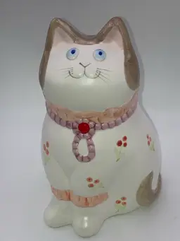 Vintage Takahashi Made In Japan Pink Collared Floral Motif Kitty Planter! 6” Tall 3 1/2” Wide! Big Blue Eyes! 😍