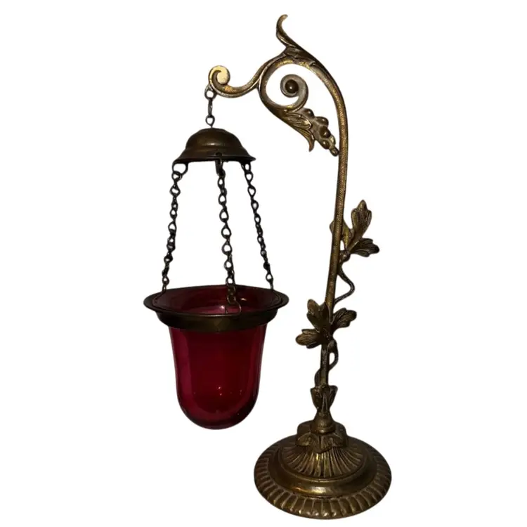 Vintage Altar Night Light, Sanctuary, Vigil Lamp Brass & Cranberry Glass