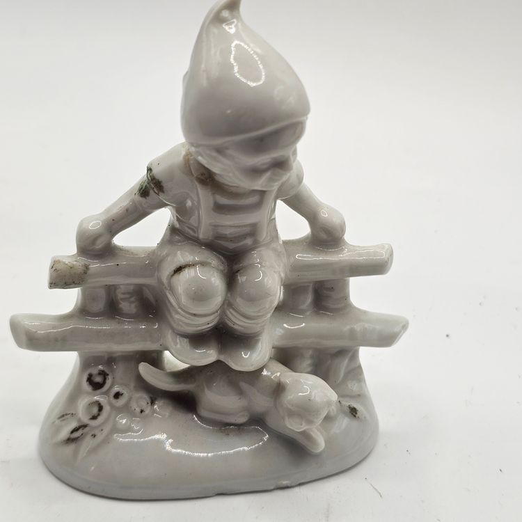 Porcelain Figurine boy elf on fence with cat vintage