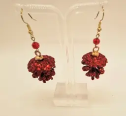 Christmas Earrings Red Sparkle Pinecones Red Bead