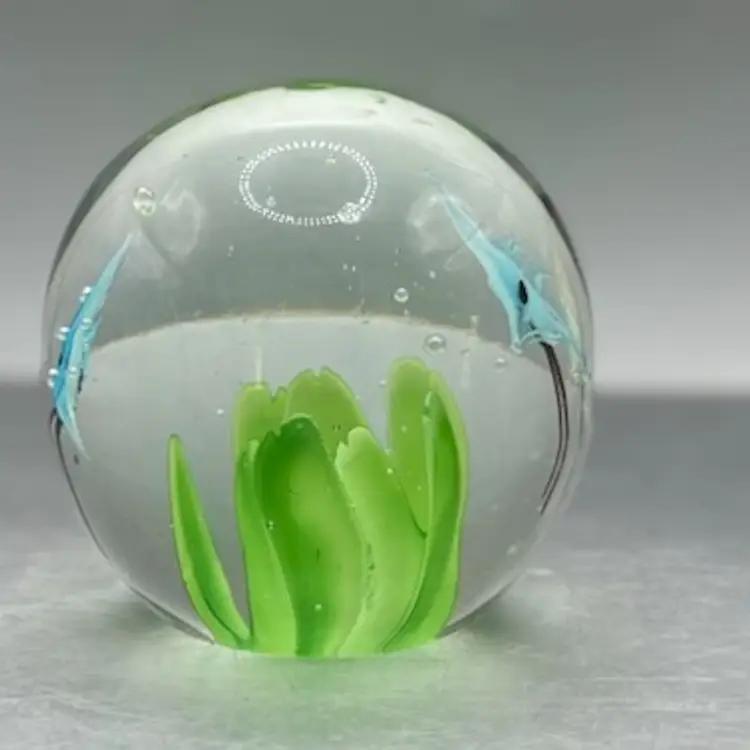 Vintage Blue Angel Fish in Green Kelp Clear Paperweight