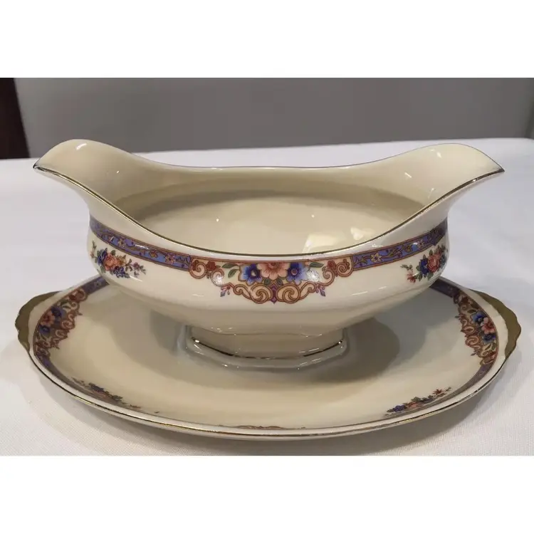 AMC China Germany ACC2 Gravy Boat with Attached Plate Blue Floral Gold