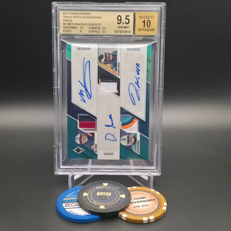 DeVonta Smith Jaylen Waddle Mac Jones Rookie Triple Patch Auto BGS 9.5 Gem Mint 2021 Panini Phoenix Football Green Parallel Numbered 6/10 Card #TPA-ALA - Philadelphia Eagles Miami Dolphins New England Patriots
