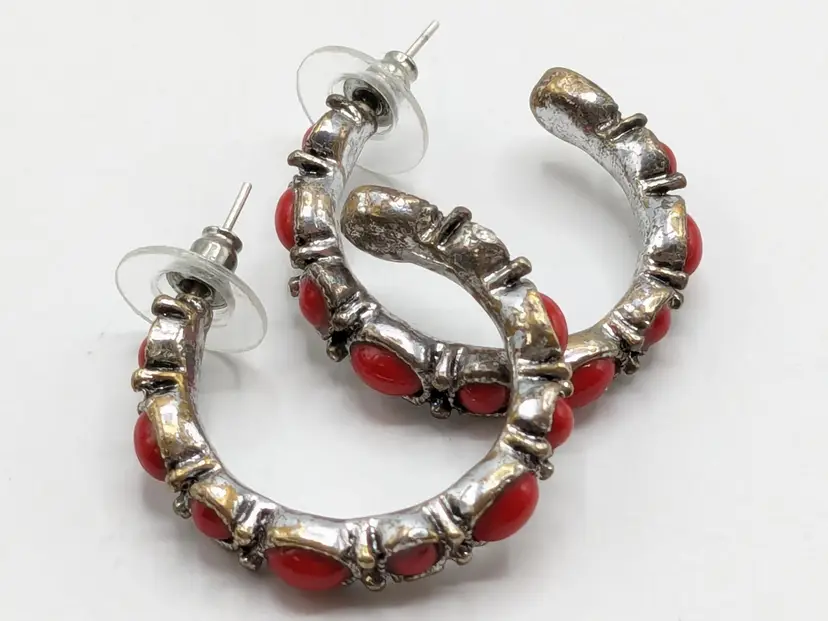 Southwest Silver Tone Red Stones Hoop Earrings