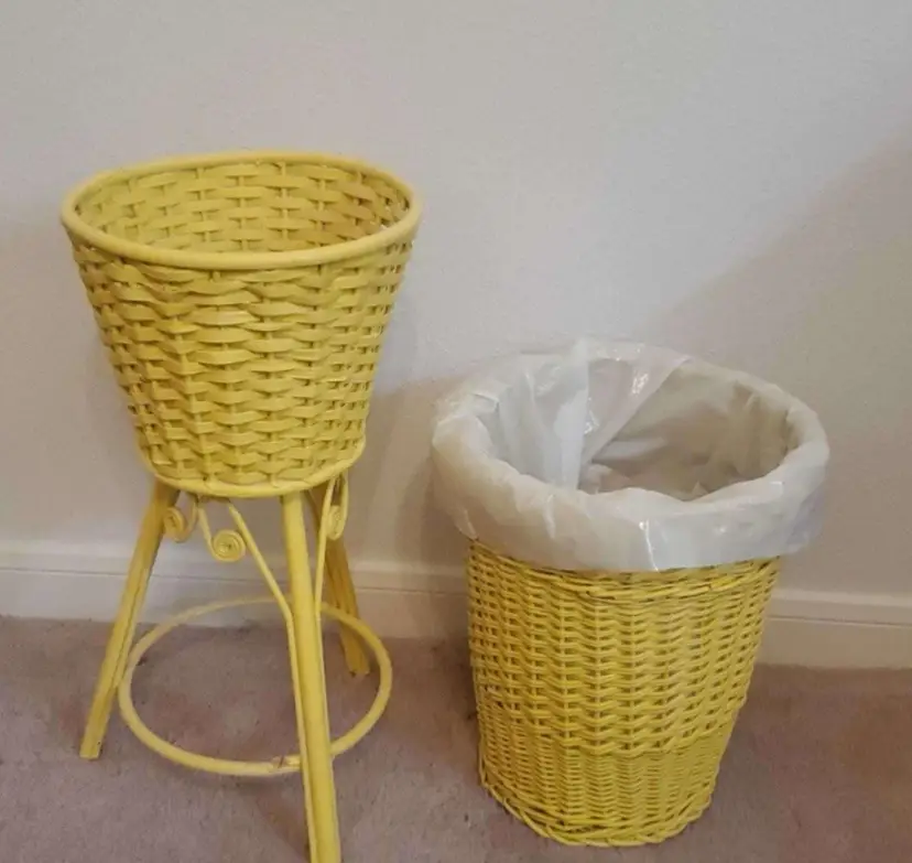 Vintage Yellow Wicker Plant Stand - Shabby Chic with Trash Basket