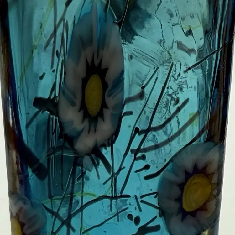 Herb A Thomas "HAT" Millefiori Style Blue Square Floral Art Glass Vase 9.25”