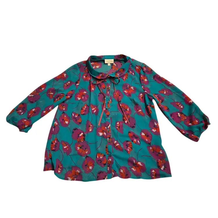 ModCloth L Twee Peter Pan Collar Top Blouse Floral Retro Print Teal Flower