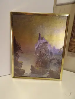 * Vintage Framed Lenticular Castle on Mountain Made in USA #6156