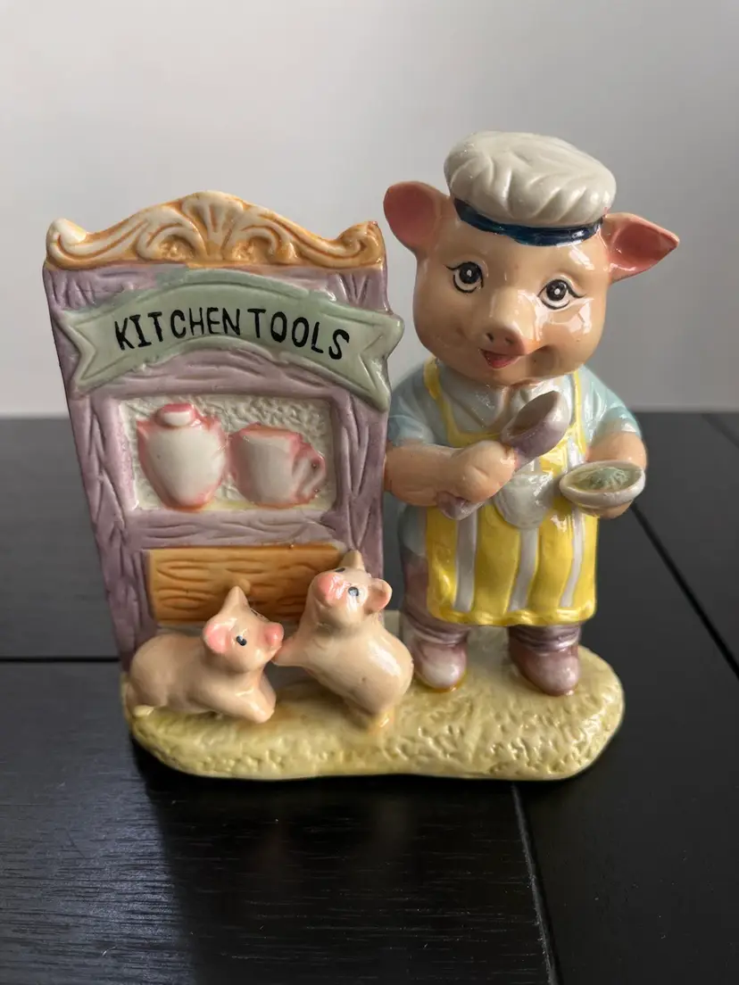 Vintage Novelty Chef Pig Ceramic Kitchen Tools Holder Caddy 4-1/2" X4-1/2" Farmhouse