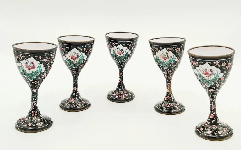 Antique Persian Minakari Enamel on Copper Barware Replacement Wine Cups x 5pc