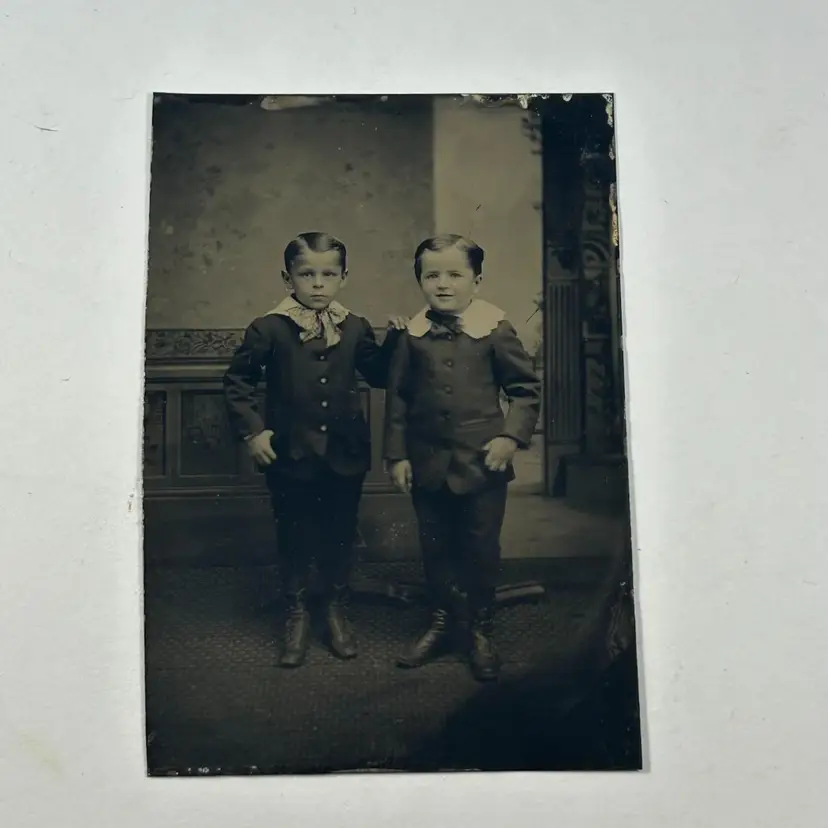 Tintype Two Young Boys Touching Hand on Shoulder Dapper Young Men Peacoat Found Photograph
