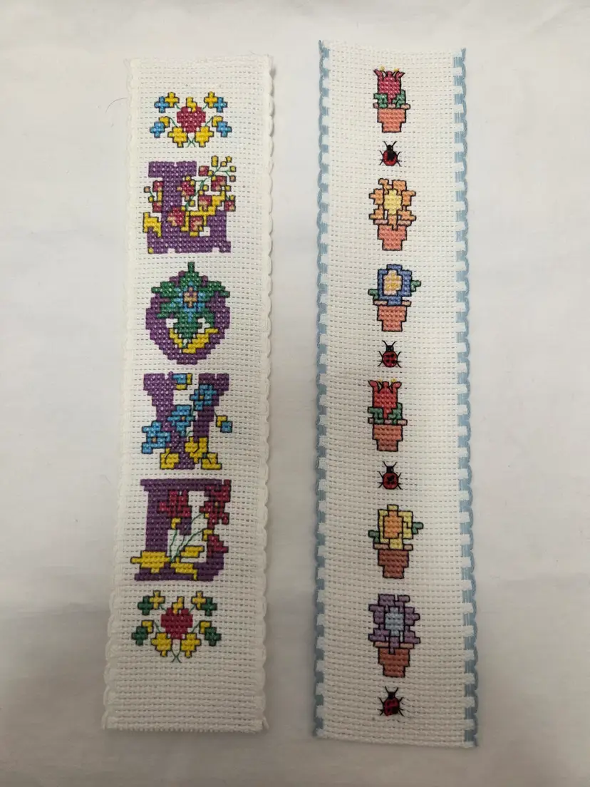 Lot Of 2 New Hand Made Cross-stitched Love and Flower Themed Ribband Bookmarks