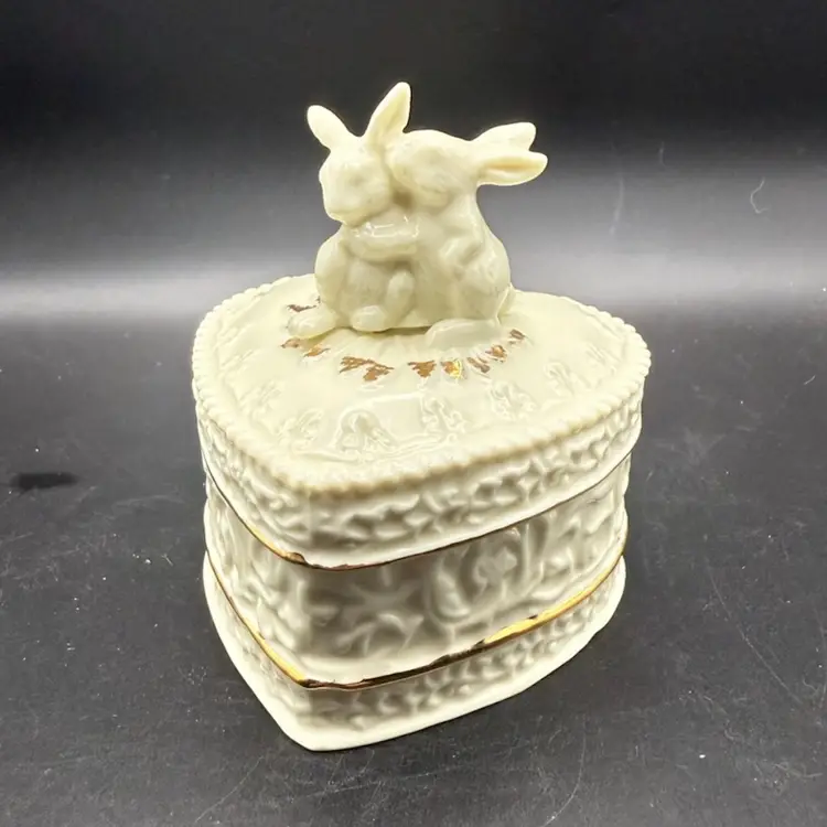 Embracing Rabbits On Embossed Heart-Shaped Ceramic Trinket Box