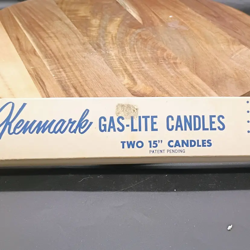 Vintage Kenmark Gas-Lite Wear-Ever Aluminum Candles 15" Pair In Box Unused Gold Colored.