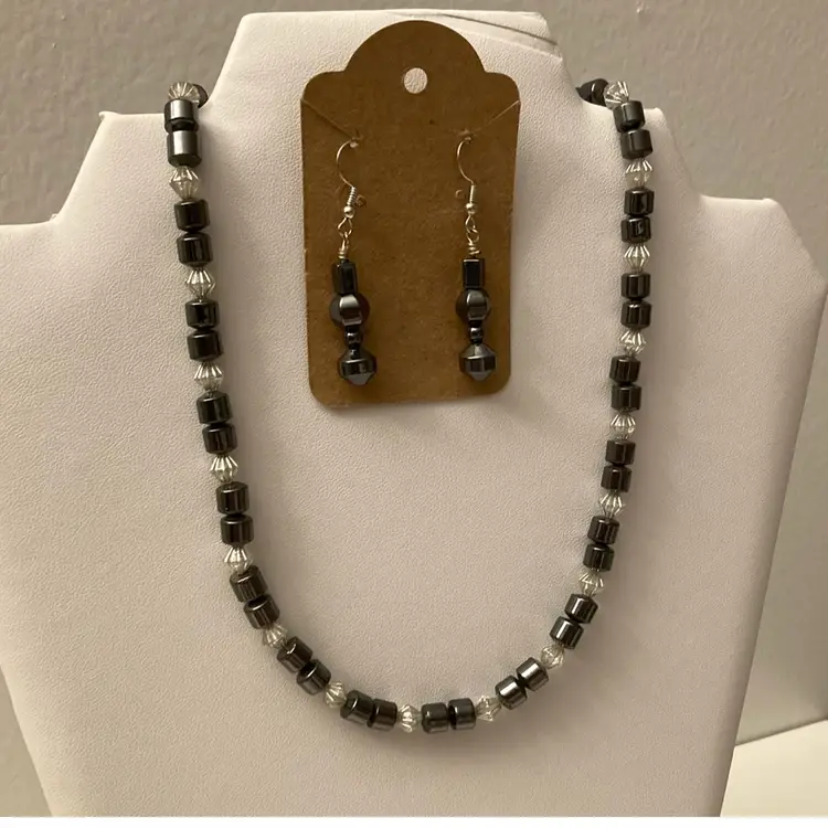 Artisan Hematite And Silver Beaded Neckace With Matching Earrings