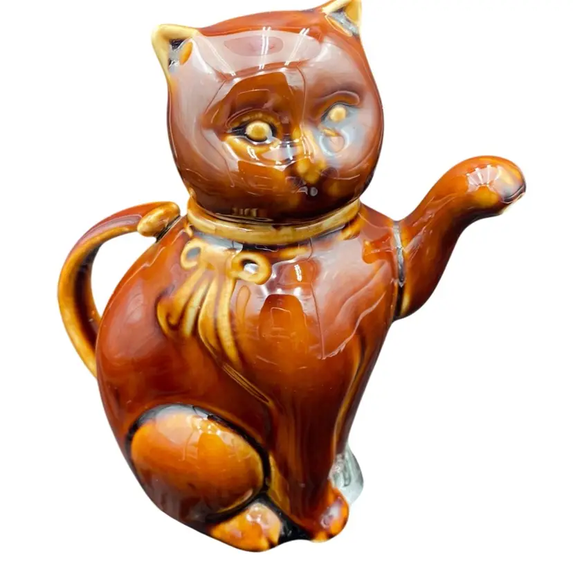 Vintage Brown Kitty Ceramic Tea Pot, Raised Paw, Tail Handle, MINT