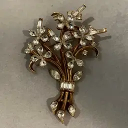 Trifari Signed Flower Bouquet Brooch, Gold Tone & Clear Rhinestones