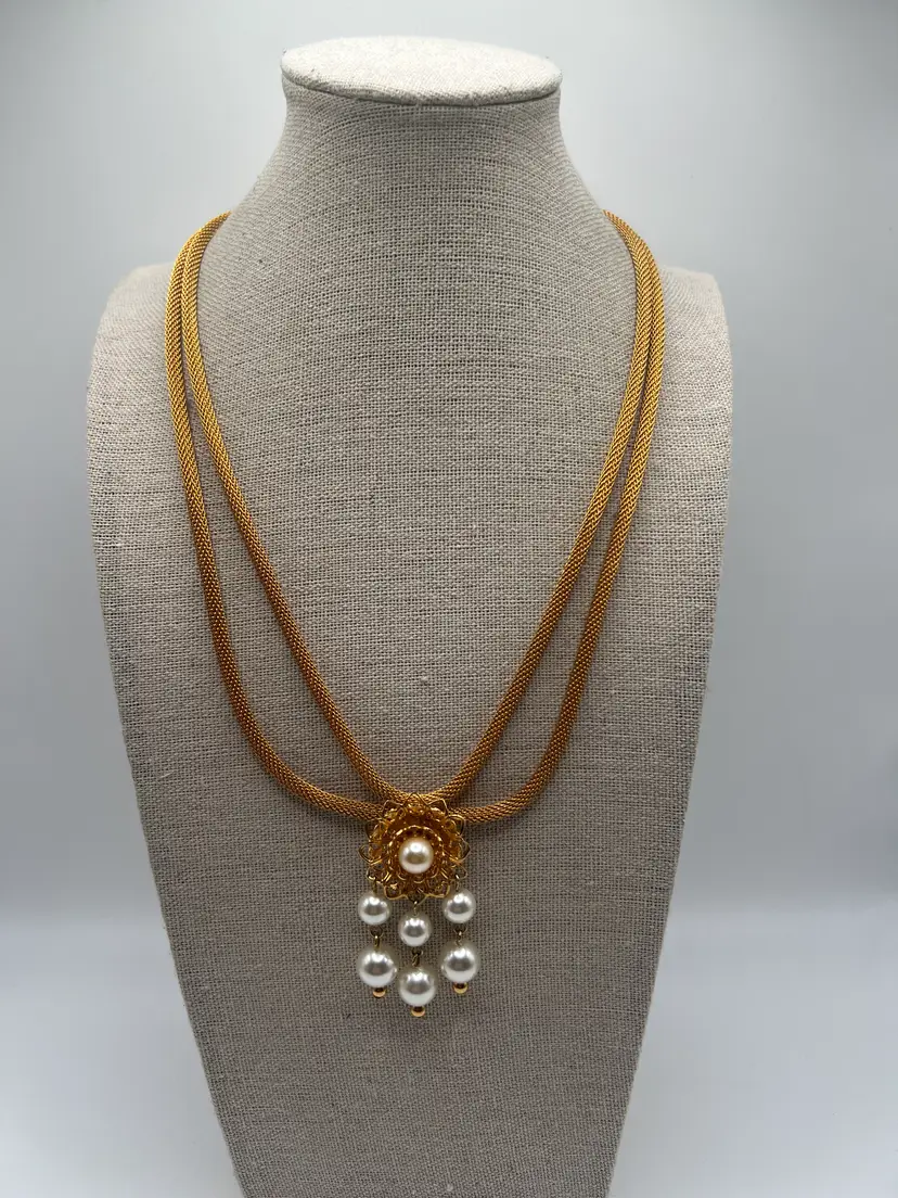 Vintage Gold Mesh Necklace Faux Pearl Drop Multi Strand Statement