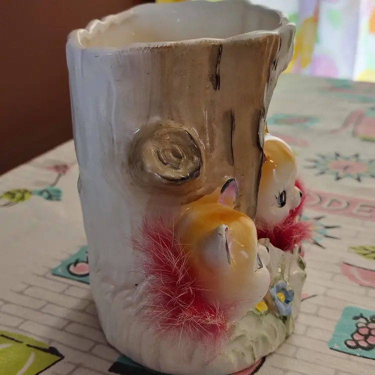 Vintage Chipmunk or Squirrel Planter | Super Kitschy and Cute Little Woodland Critters on a Stump | Springy Squeaker Nodder with Real Fur Accents | 1950s Rubens Original Made in Japan