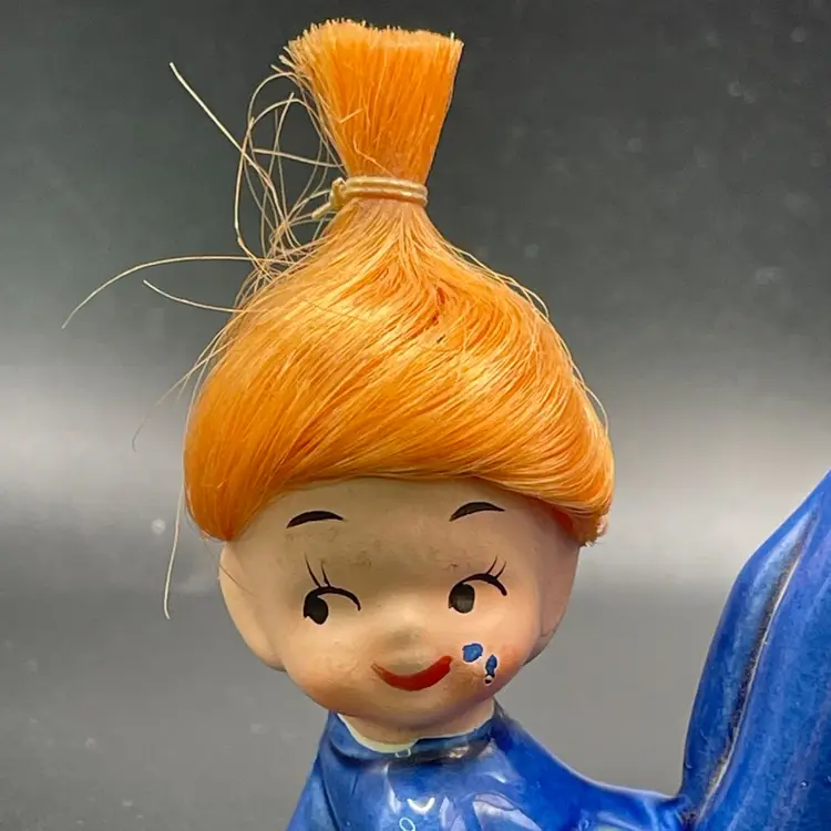 Napco Blue Pixie Elf Orange Hair Figurine Vintage Kitsch Kitschy Miniature