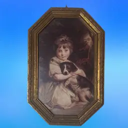 Vintage Gold Framed  "Miss Jane Bowles and Puppy" Artist Joshua Reynolds Italy. 13”x9”