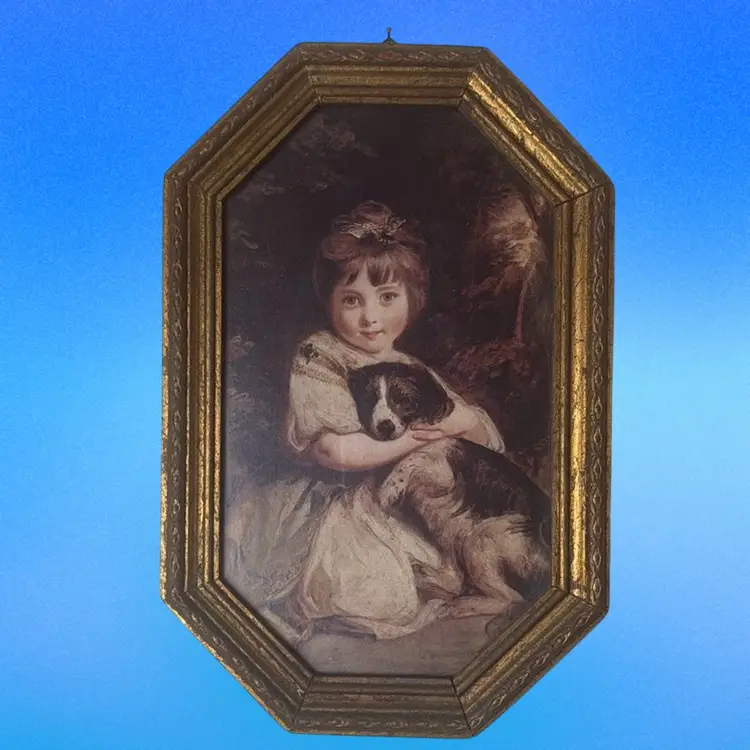 Vintage Gold Framed "Miss Jane Bowles and Puppy" Artist Joshua Reynolds Italy. 13”x9”