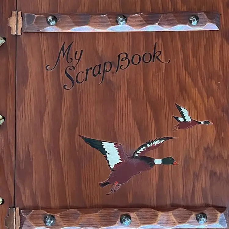 Vintage 1950s Wood "My Scrap Book" Photo Album Carved Wood with Painted Ducks 12" x 10"