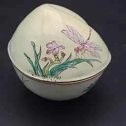 Vintage Canton Enamel On Metal Hand Painted Dragonfly And Crickets Trinket Box