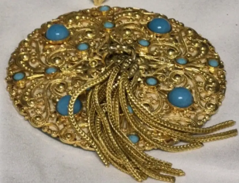 Stunning Purse Mirror with Gold and Turquoise Stones and a Gold Tassle  2.75 Inches Diameter