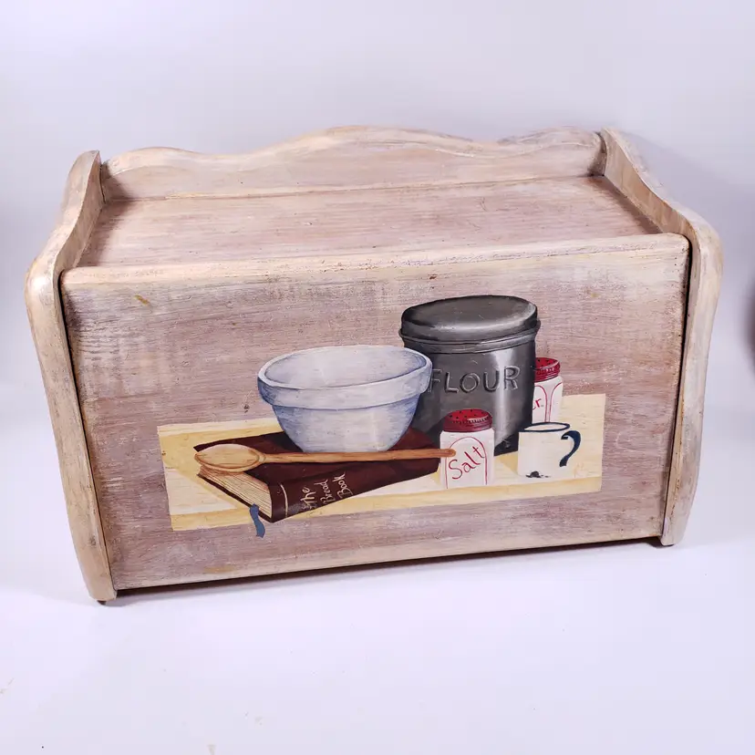 Vintage Hand Painted Farmhouse Cottage Kitchen Baking Hinged Lid WOOD BREAD BOX