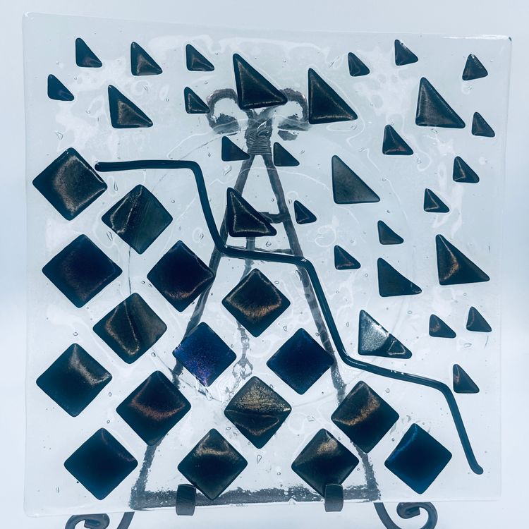 Handmade Fused Glass Art Plate - Iridescent Geometric Mid-Century Style, 9" Display Plate