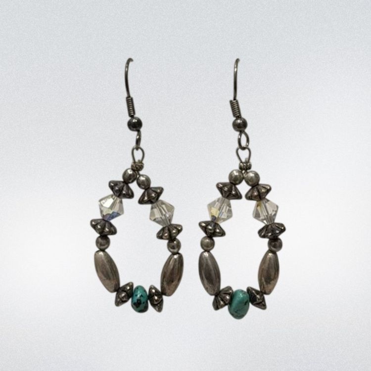 Vintage 1970’s Silver Plate Genuine Turquiose Chip & Crystal Dangle Earrings 2.25”