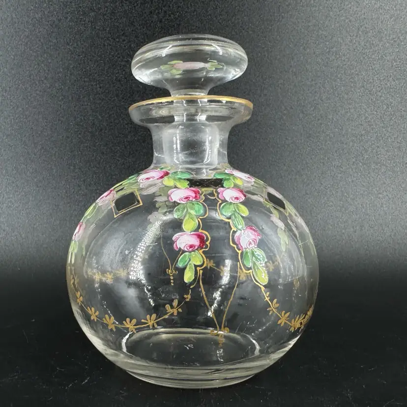 Clear Glass Vanity Bottle With Pink Black Gold Floral Design