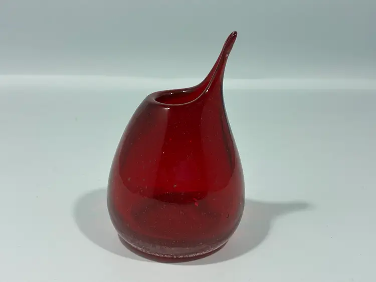 Glowy! Vintage Ruby Red Bubble Stretch Glass Mini Vase