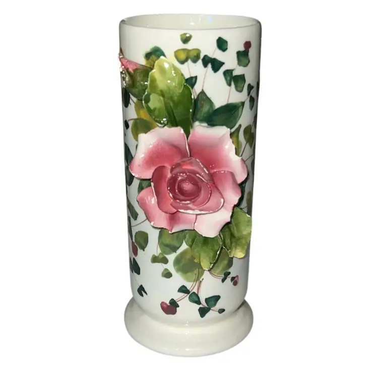 1940s Italian Barbotine Majolica Floral Porcelain Vase 7.25”