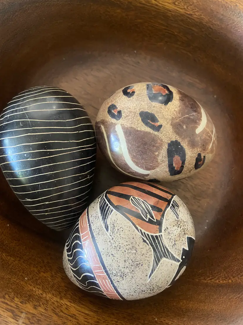 3 Decorative Hand Carved Soapstone Eggs, 3.5", Made in Kenya