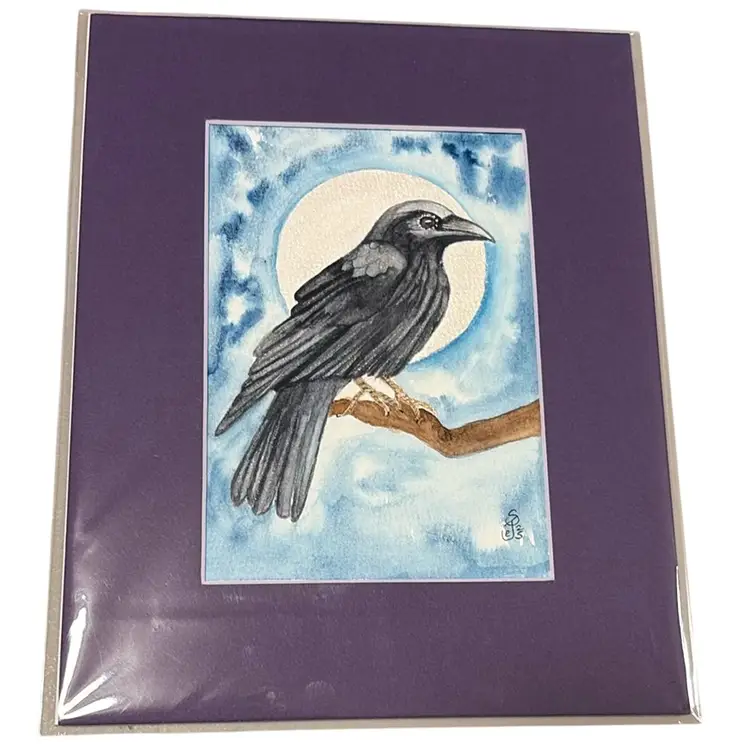 Watercolor Original 5 X 7” Black Bird Raven In 8 X 10”  Matte