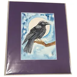 Watercolor Original 5 X 7” Black Bird Raven In 8 X 10” Matte