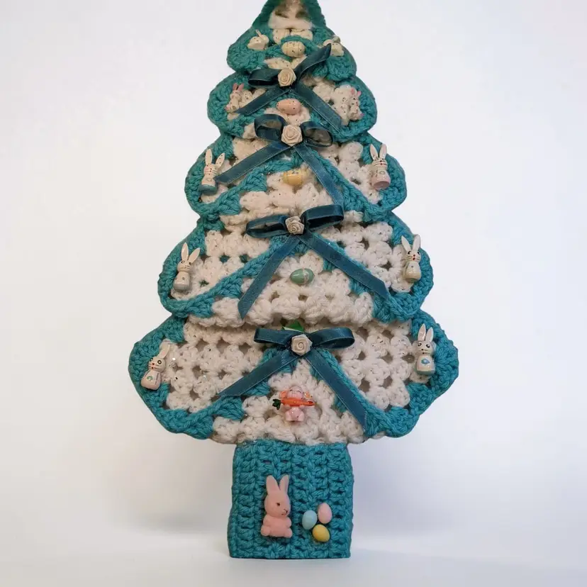 Handmade Crochet Granny Square  17" Pastel Easter Spring Tree  Door Wall Hanging