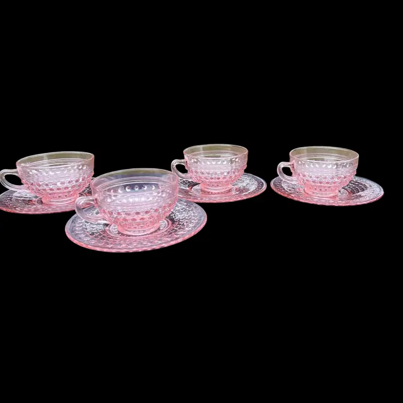 Vintage Anchor Hocking Pink Glass Hobnail Cups And Saucers
