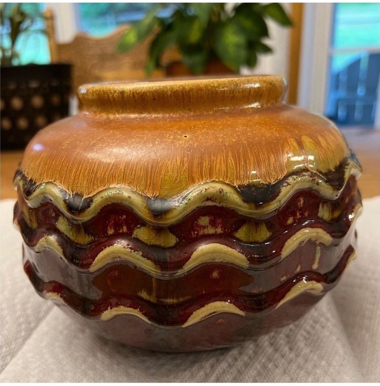 Raku  Art Pottery Hand ThrownMulti Color Drip Pottery Glazed Embossed Ripple Design