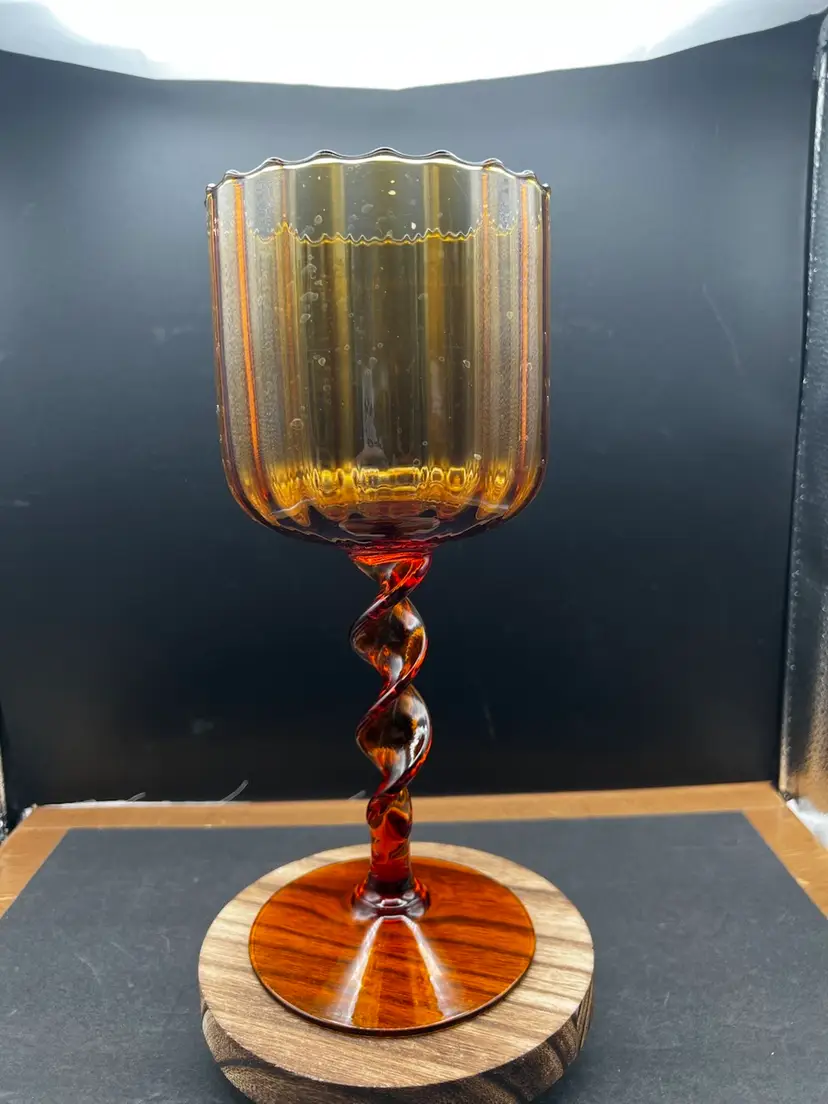#883B Vintage MCM Tall Empoli Ribbed Optic Amber Art Glass Twisted Stem Italian Candle Holder With Scalloped Rim
