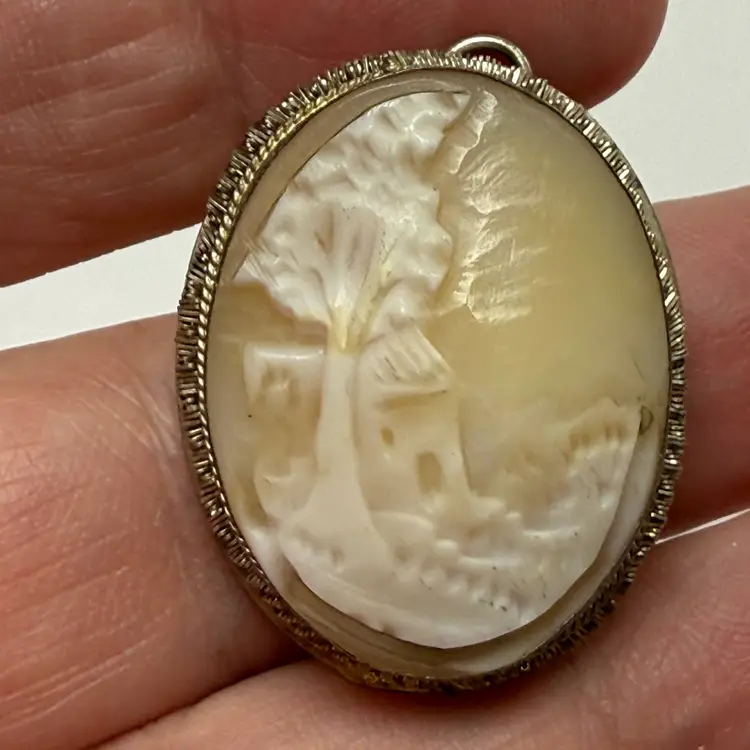Vintage Carved Shell Cameo Brooch Pin Pendant Convertible Landscape Scene Silver