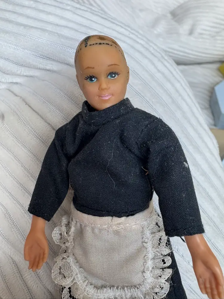 Vintage 1950’s Dollhouse Person In Maid Outfit. Worn. No Hair.